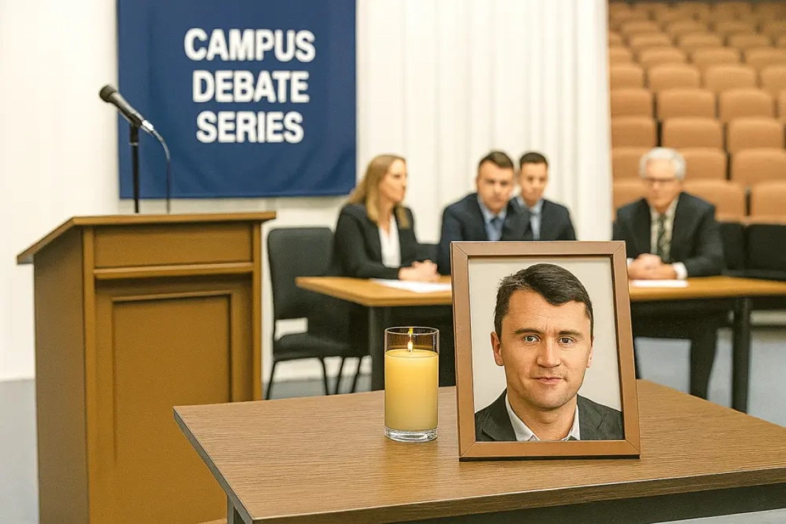 Een lege debatzaal met een microfoon op een houten spreekgestoelte, geflankeerd door twee stoelen en een banner met de tekst “Campus Debate Series”, terwijl op de achtergrond een kaars brandt naast een foto van Charlie Kirk